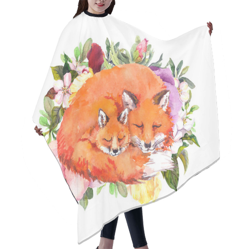 Personality  Happy Mothers Day Card With Sleeping Foxes. Greeting Card For Mom With Adorable Animals. Baby And Mother Together In Flowers. Watercolor Hair Cutting Cape