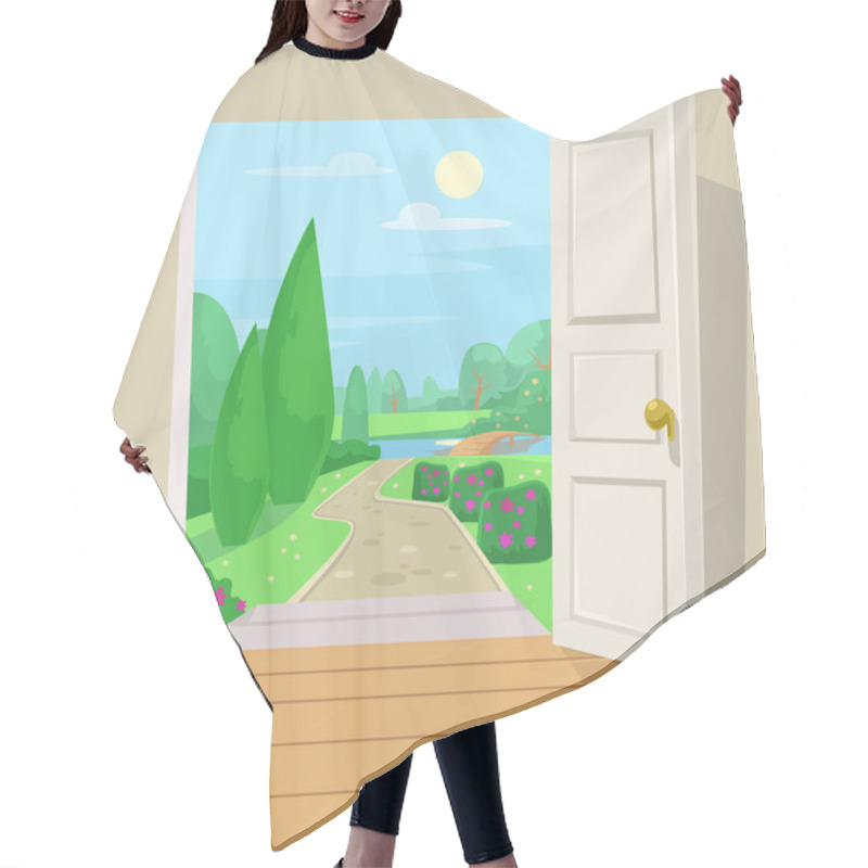 Personality  Open Door To Garden. Vector Cartoon Illustration Hair Cutting Cape