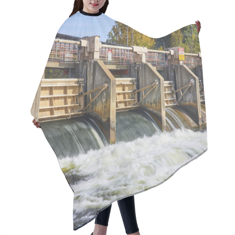 Personality  Powerful Argo Dam On Huron River In Ann Arbor, Michigan Showcasing Dynamic Water Flow And Renewable Energy Infrastructure Under Midday Sunlight Hair Cutting Cape