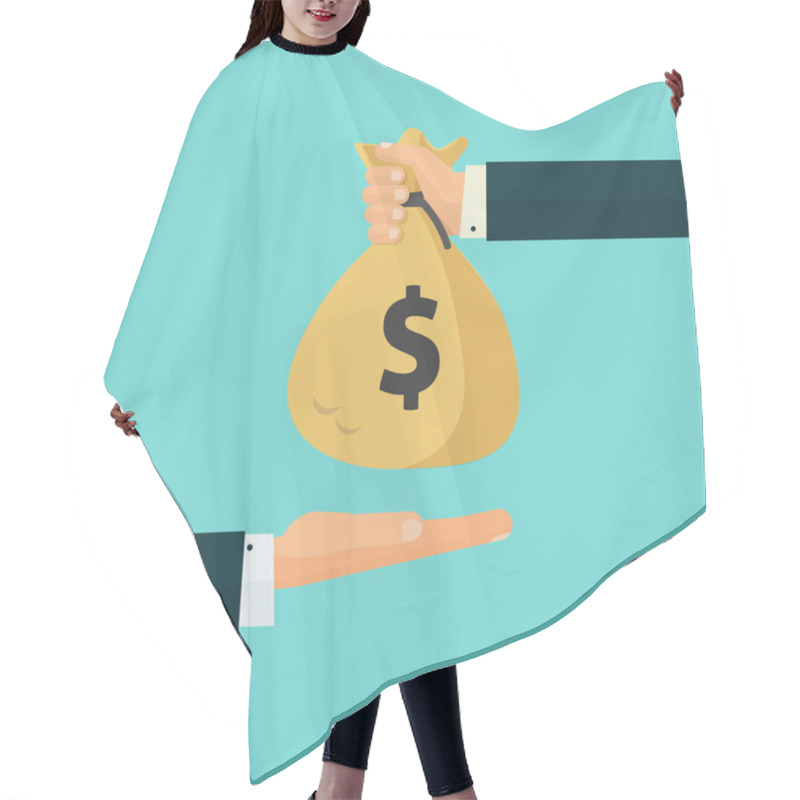 Personality  Hand Giving Money Bag To Another Hand, Payment, Credit, Loan Hair Cutting Cape