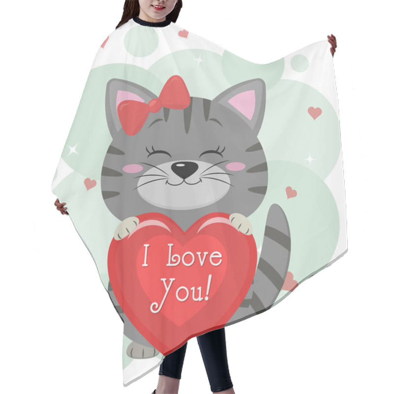 Personality  Congratulations On Valentine S Day. A Cute Gray Kitten In A Red Bow, Sits And Holds A Red Heart In Its Paws. Flat Design, Cartoon Style, Vector Hair Cutting Cape