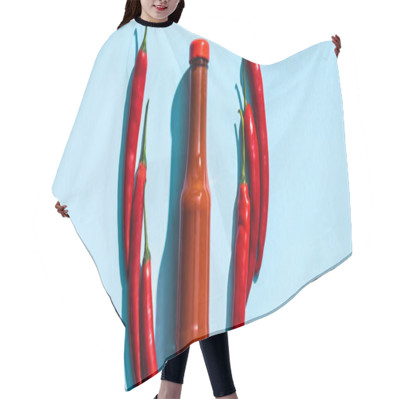 Personality  Top View Of Ketchup In Bottle With Chicle Peppers On Blue Background, Panoramic Shot Hair Cutting Cape