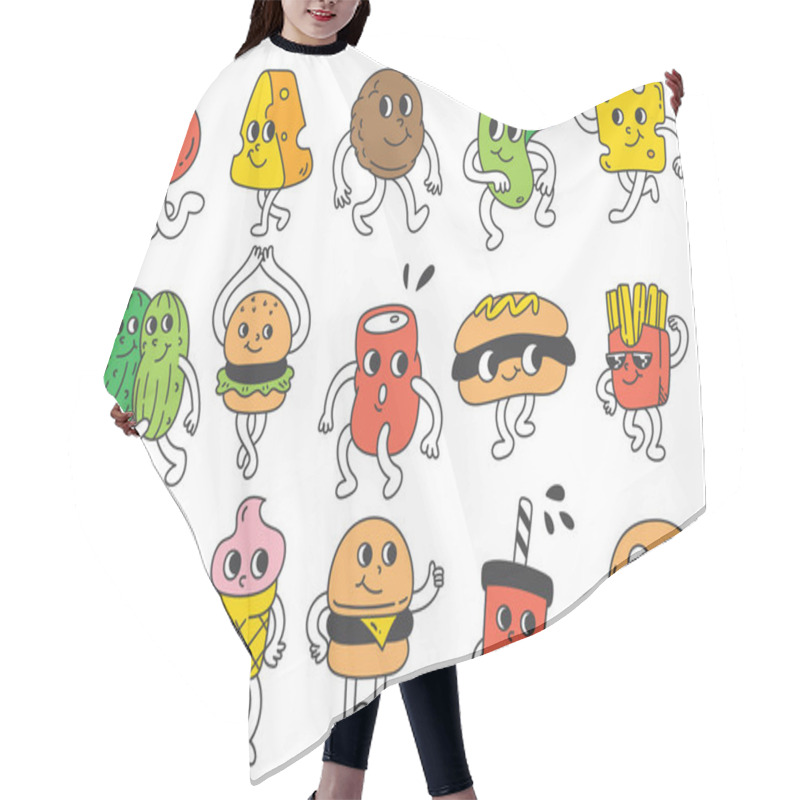 Personality  Groovy Cartoon Collection Of Junk Food. Retro Style Illustrations With Cheerful Characters Hair Cutting Cape