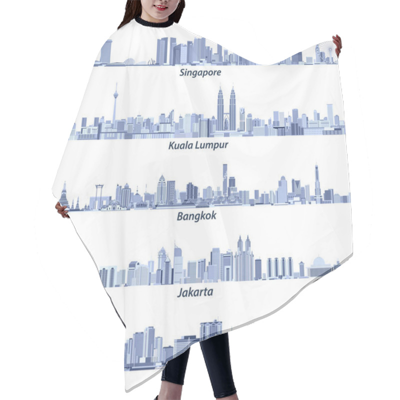 Personality  Abstract Vector Illustrations Of Singapore, Kuala Lumpur, Bangkok, Jakarta And Manila Skylines In Light Blue Tones Isolated On White Background Hair Cutting Cape