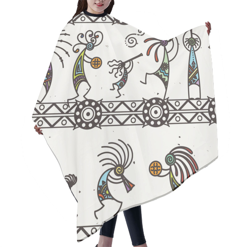 Personality  Hand Drawn Kokopelli Seamless Pattern. Stylized Mythical Characters Playing Flutes. Hair Cutting Cape