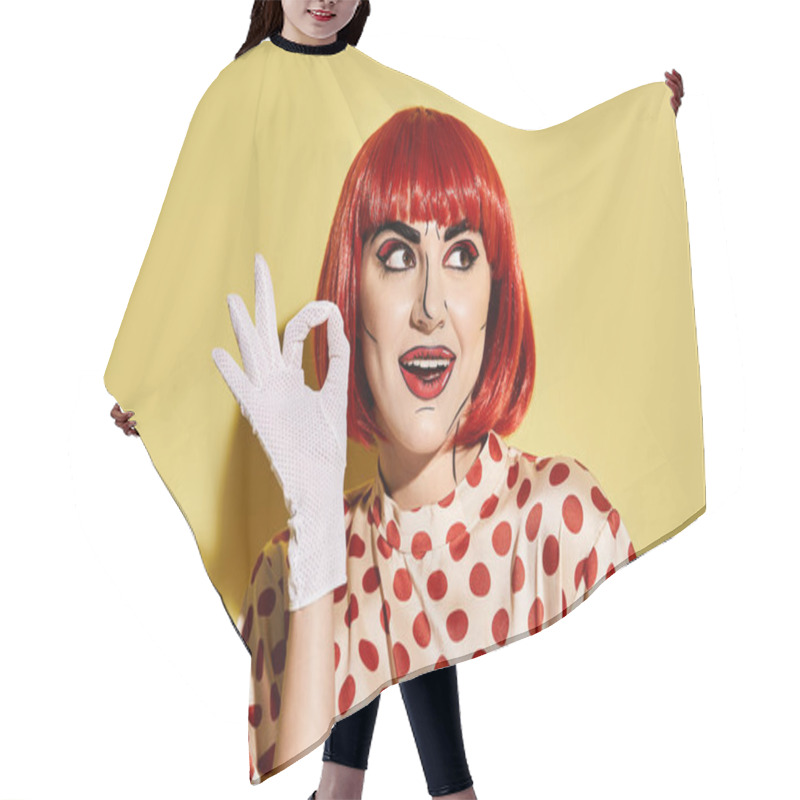 Personality  A Striking Redhead Woman With Pop Art Makeup Wears A Polka Dot Shirt And White Gloves On A Yellow Background. Hair Cutting Cape