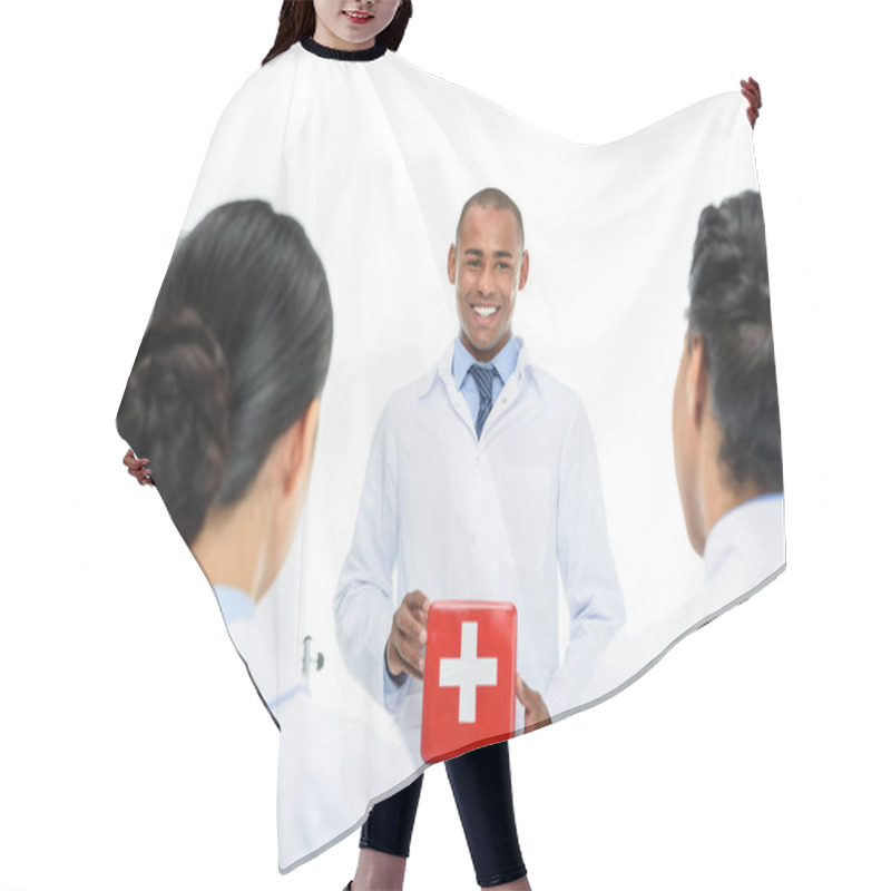 Personality  Doctor Presenting First Aid Kit Hair Cutting Cape