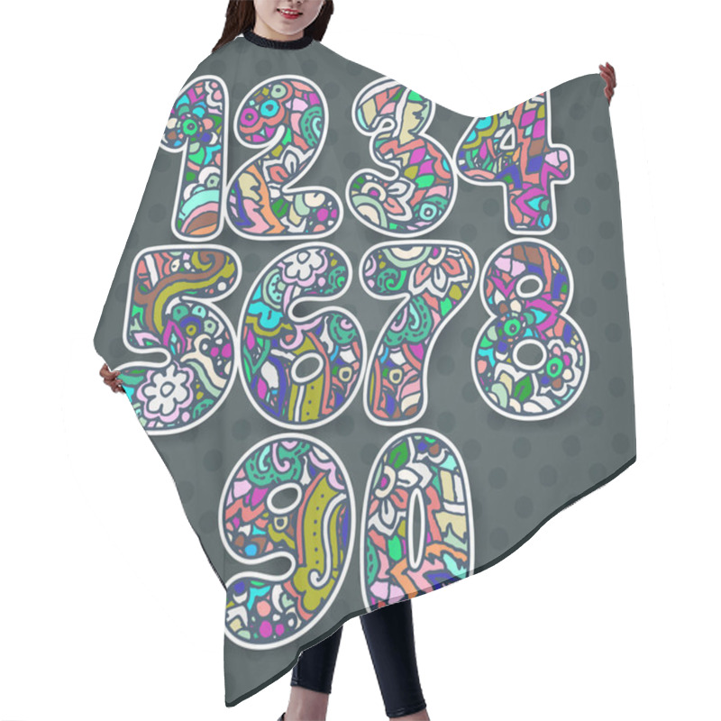 Personality  Set Of Patterned Hand Drawn Numbers. Funny Doodle Contour Math Signs Hair Cutting Cape