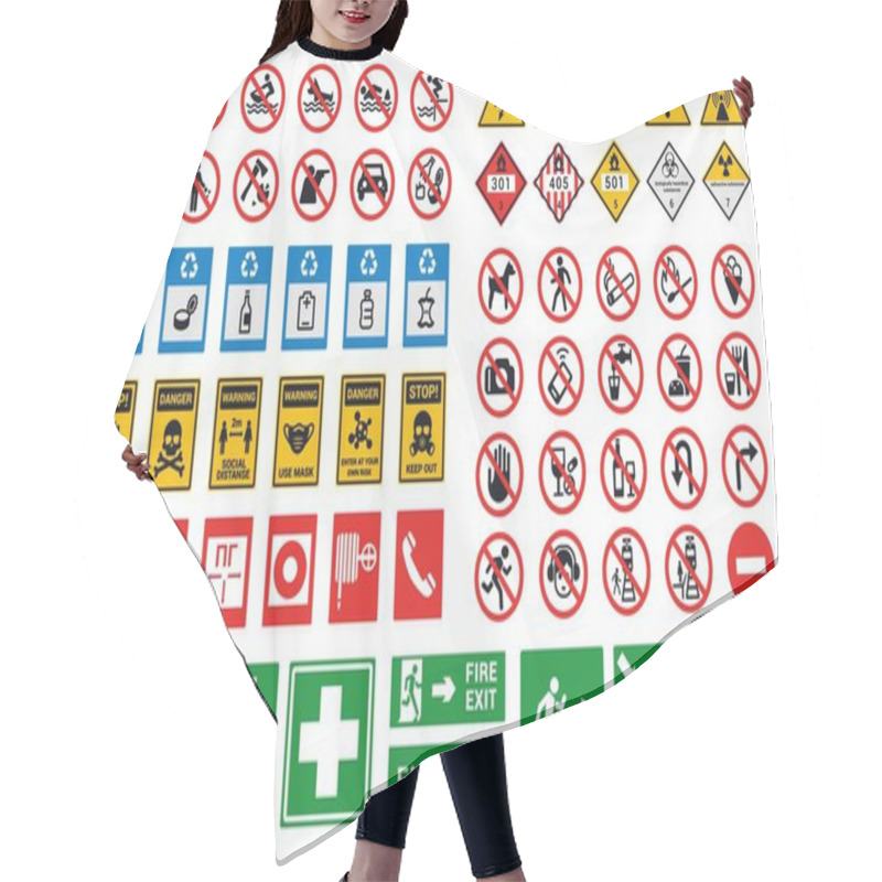 Personality  Safety Sign. Factory And Construction Health Or Security Caution Symbols. Bright Hazard Attention And Evacuation Notices. Entrance Prohibited Stickers Mockup. Vector Warning Icons Set Hair Cutting Cape