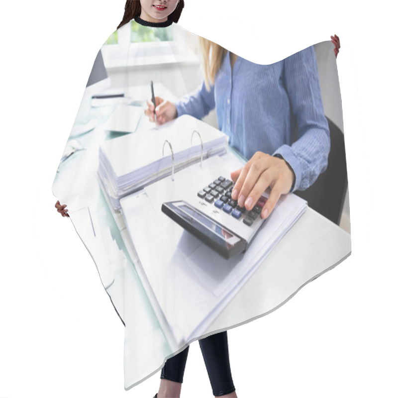 Personality  Close-up Of A Businesswoman's Hand Calculating Invoice Over Desk In Office Hair Cutting Cape