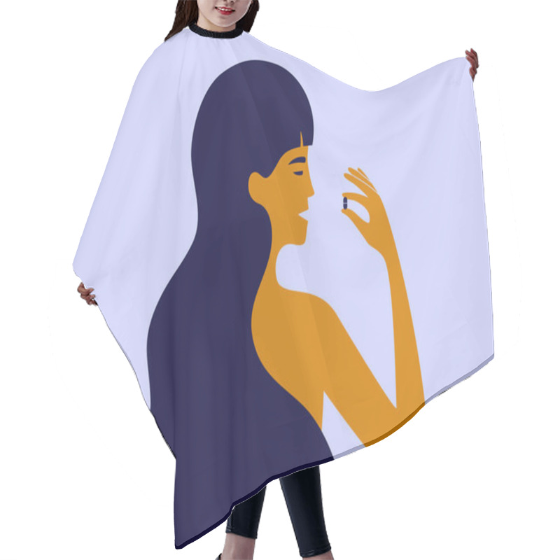 Personality  Female Health Care. Woman Taking Pill. Healthcare, Medical Treatment. Healthy Pregnancy Or Motherhood. Antidepressant, Hormonal Medication. Medicine, Body Condition. Girl With Drug Vector Illustration Hair Cutting Cape