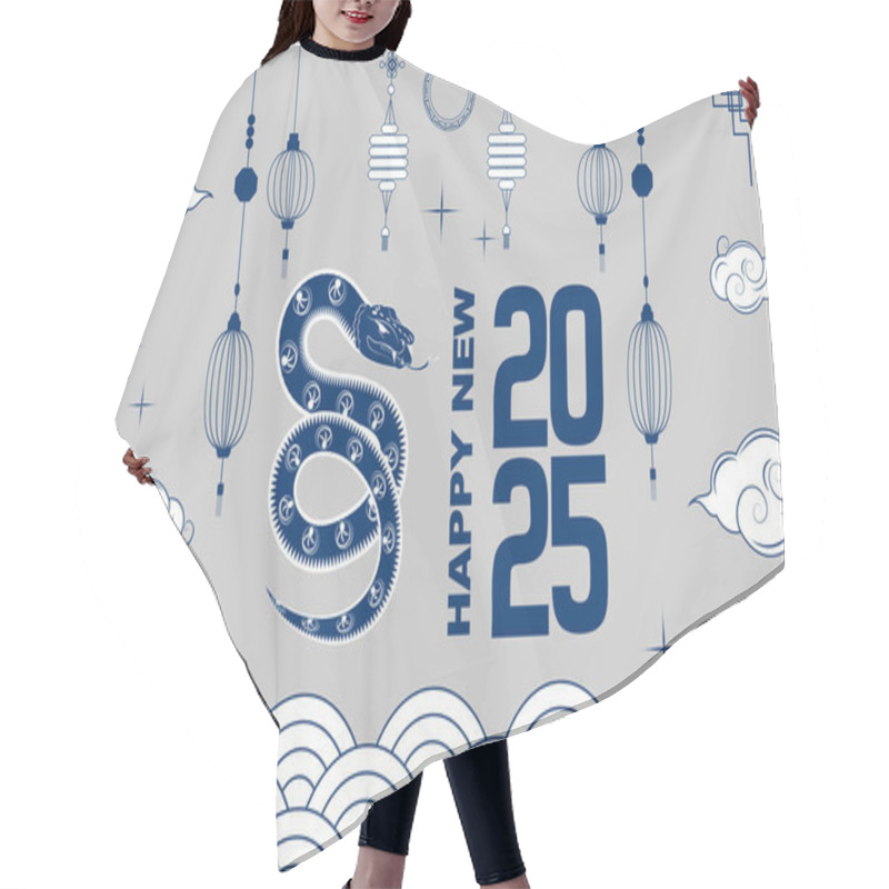 Personality  Chinese New Year Banner For 2025 With A Snake, Chinese Lanterns, And Waves. Template For Banners, Cards, Advertisements, Flyers. Hair Cutting Cape