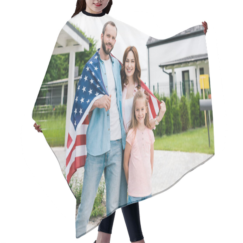 Personality  Happy Family Standing With American Flag Near House  Hair Cutting Cape