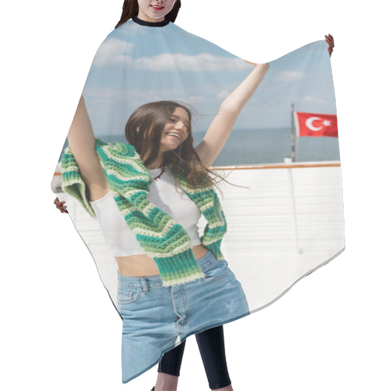 Personality  Carefree Young Tourist Raising Hands During Cruise On Yacht In Turkey  Hair Cutting Cape