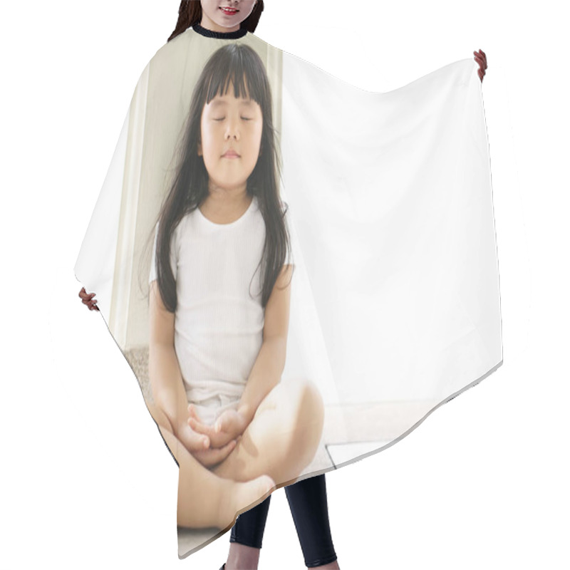 Personality  Asian Children Cute Or Kid Girl Sit For Meditation With Mind Peace Or Quiet And Relax In Pavilion At Temple Or Church And Wearing White Dress With Sunlight On White Background With Space Hair Cutting Cape