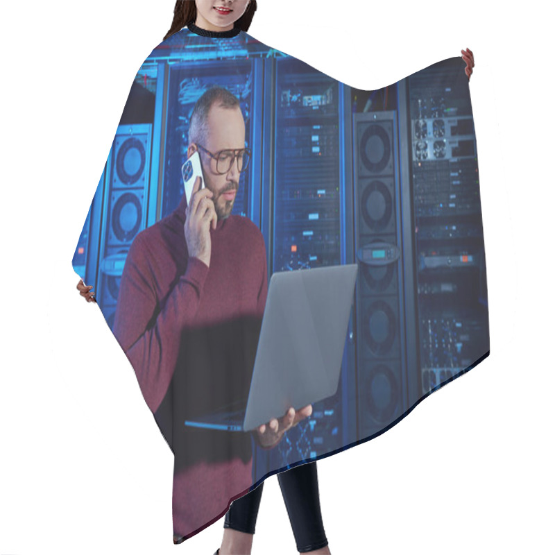 Personality  Pensive Data Center Specialist In Turtleneck With Glasses Talking By Phone And Looking At His Laptop Hair Cutting Cape