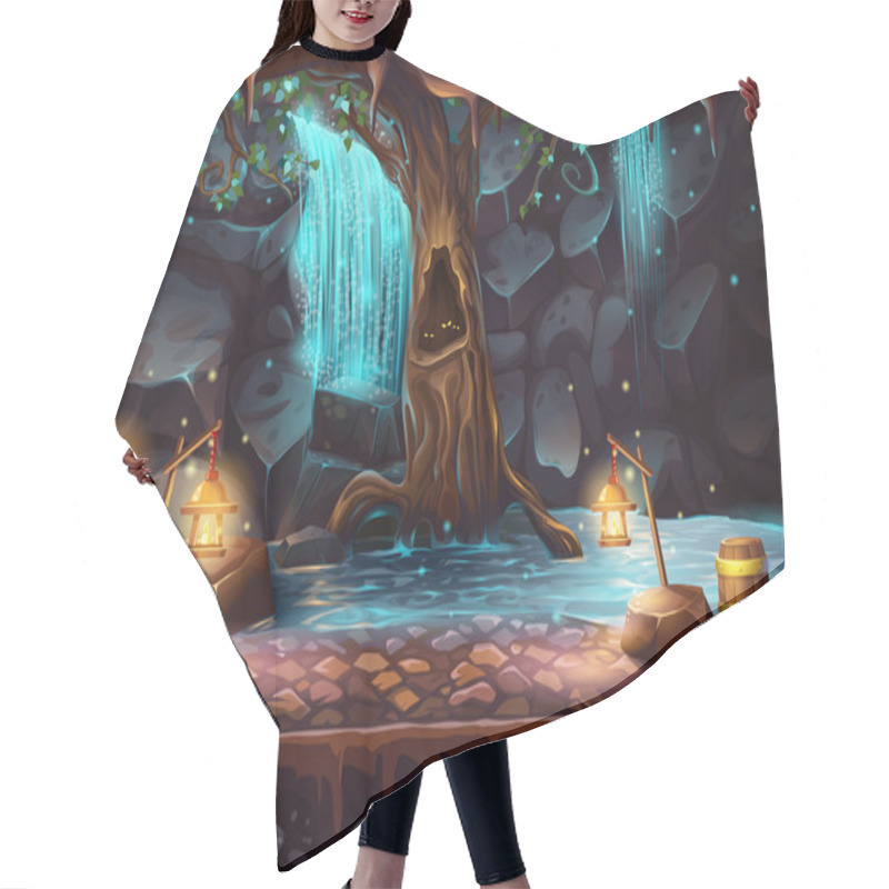 Personality  Cave With A Waterfall And A Magic Tree And Barrel Of Gold Hair Cutting Cape