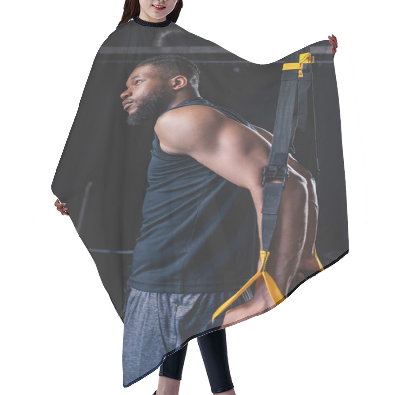 Personality  Side View Of Muscular African American Man Looking Away While Training With Suspension Straps Hair Cutting Cape