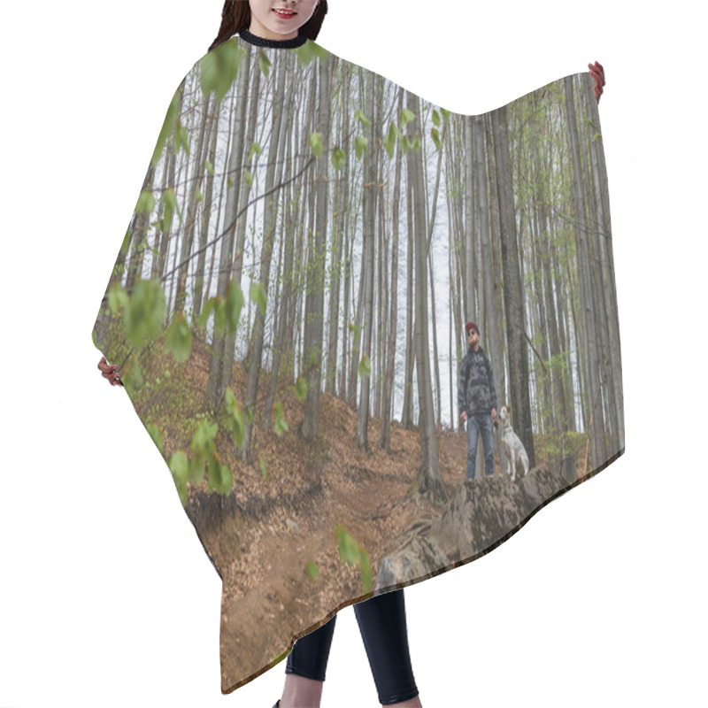 Personality  Hiker And Dog Looking Away In Mountain Forest  Hair Cutting Cape