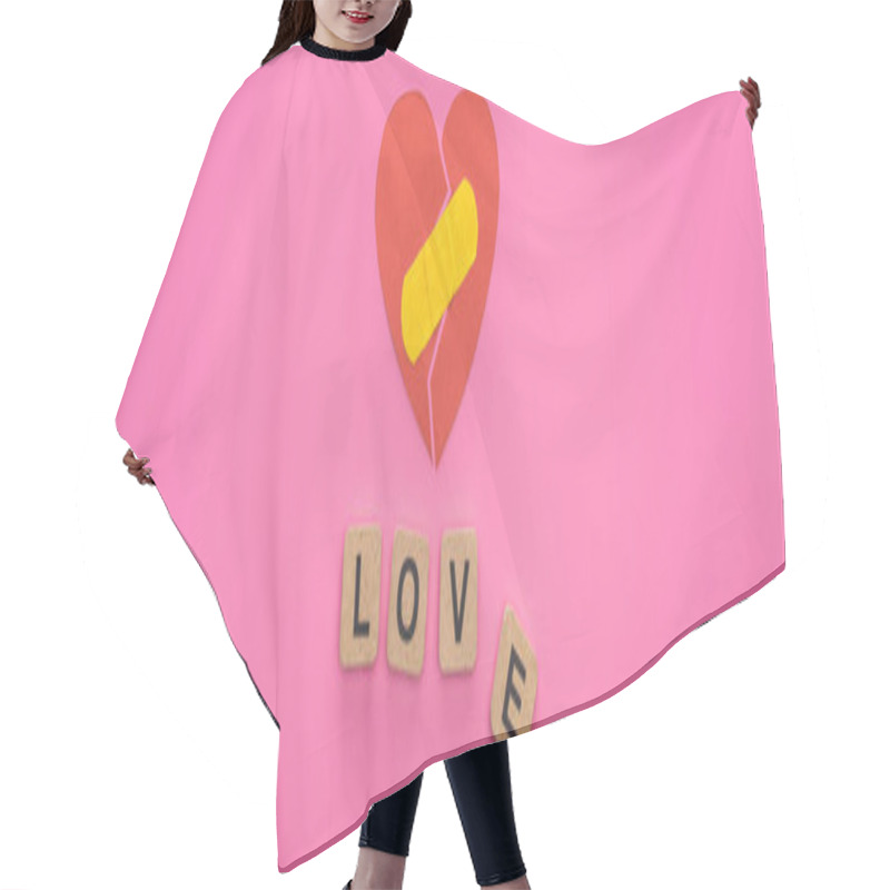 Personality  Top View Of Love Lettering On Wooden Cubes Near Broken Heart With Patch On Pink Background Hair Cutting Cape