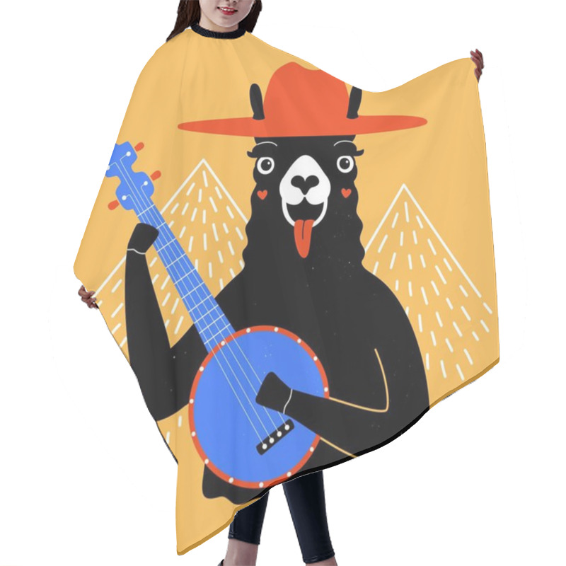 Personality  Vector Illustration With Llama In Red Hat Playing Blue Banjo. White Doodle Style Mountains On Background. Funny Colored Poster With Farm Animal, Trendy Music Print Design Hair Cutting Cape