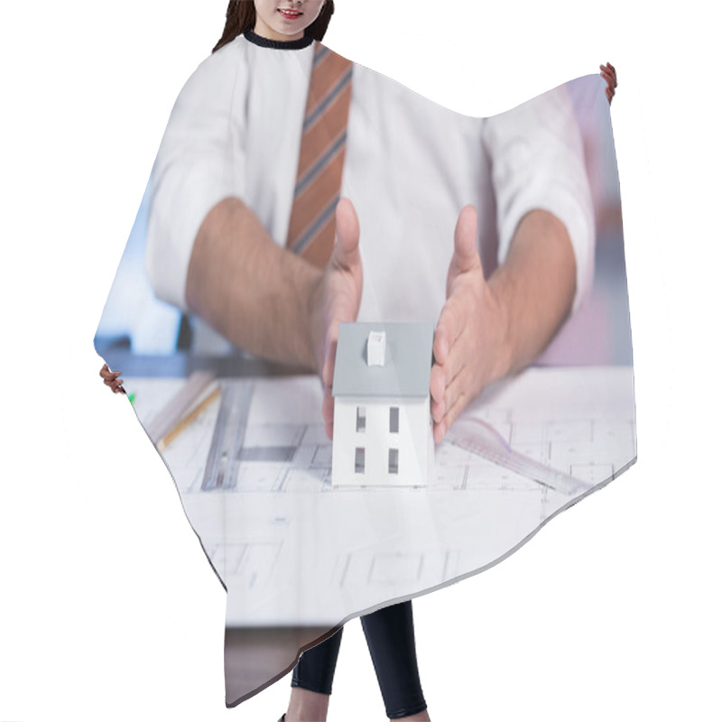 Personality  Cropped View Of Architect Touching House Model Near Blueprint On Desk, Blurred Background Hair Cutting Cape