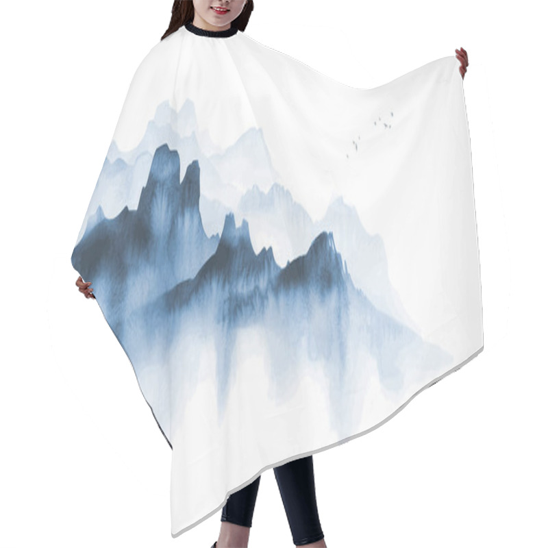 Personality  Ink Wash Painting Of Blue Misty Mountain Ranges. Traditional Oriental Ink Painting Sumi-e, U-sin, Go-hua. Hieroglyph - Clarity. Hair Cutting Cape