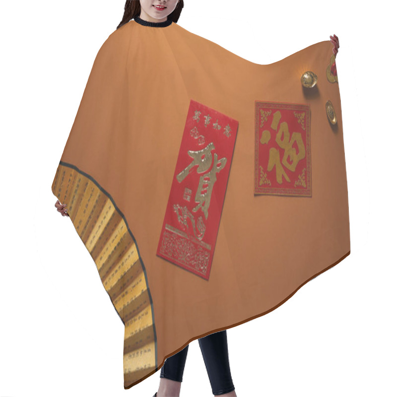 Personality  Top View Of Fan With Hieroglyphs And Golden Decorations On Brown Background, Chinese New Year Composition Hair Cutting Cape