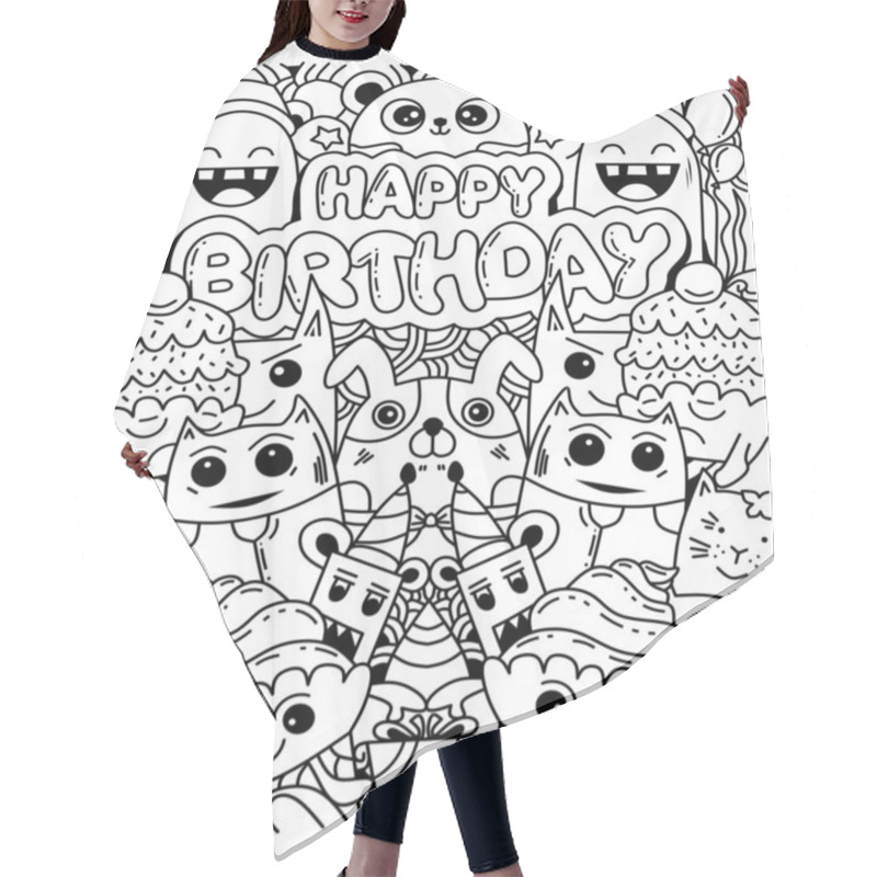 Personality  Happy Birthday Card With Cute Monsters In Doodlestyle Hair Cutting Cape