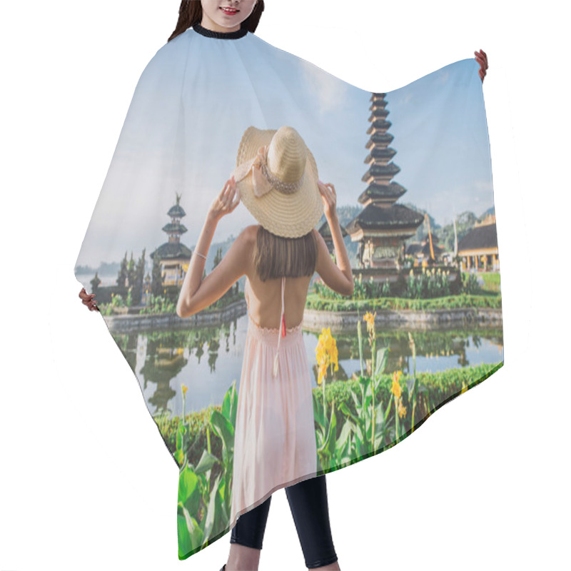 Personality  Beautiful Girl Visiting The Ulun Danu Bratan Temple In Bali. Con Hair Cutting Cape