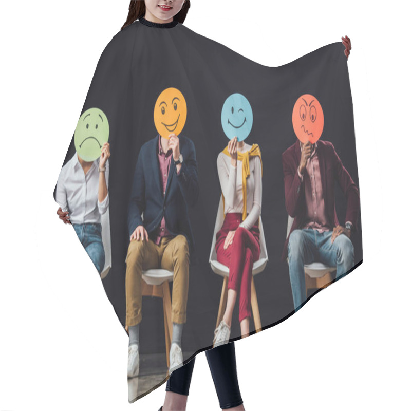 Personality  Group Of People Sitting On Chairs And Holding Face Cards With Various Emotions Isolated On Black Hair Cutting Cape