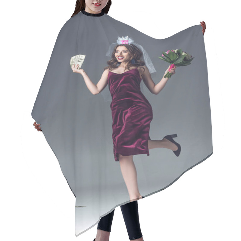 Personality  Beautiful Future Bride In Veil For Bachelorette Party Jumping With Bunch Of Cash And Bouquet Of Flowers On Grey Hair Cutting Cape