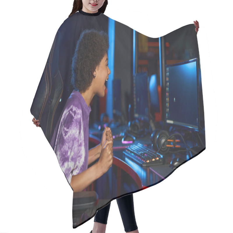 Personality  Excited African American Player Screaming From Joy While Winning Computer Game, Cybersport Hair Cutting Cape