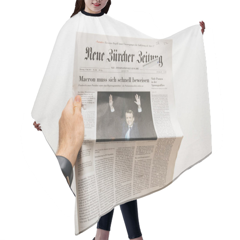 Personality  Man Holding  Neue Burcher Zeitung Newspaper With Emmanuel Macron Hair Cutting Cape