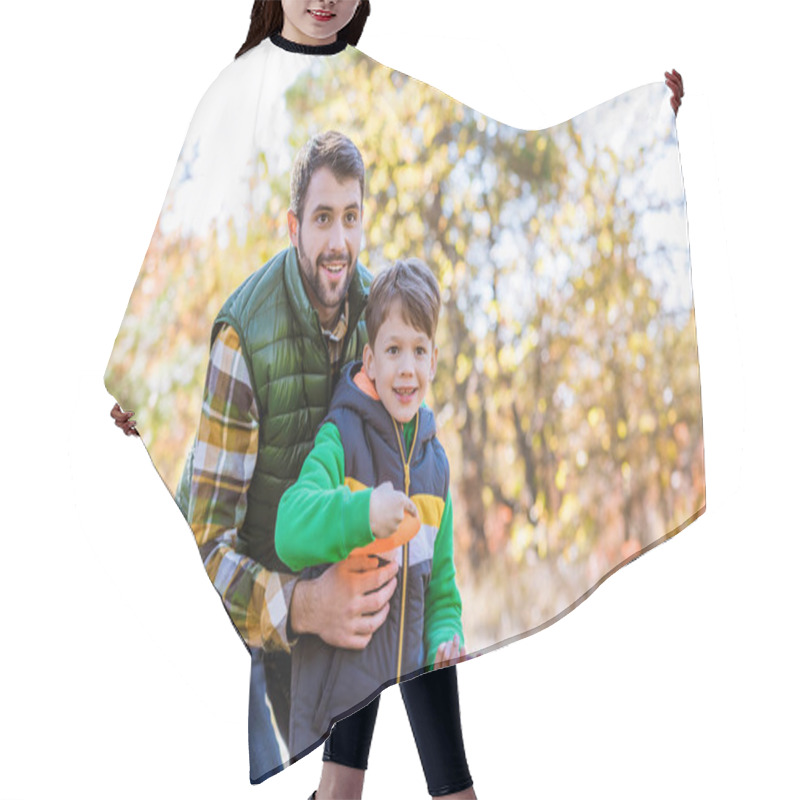 Personality  Smiling Father And Son Playing With Frisbee Hair Cutting Cape