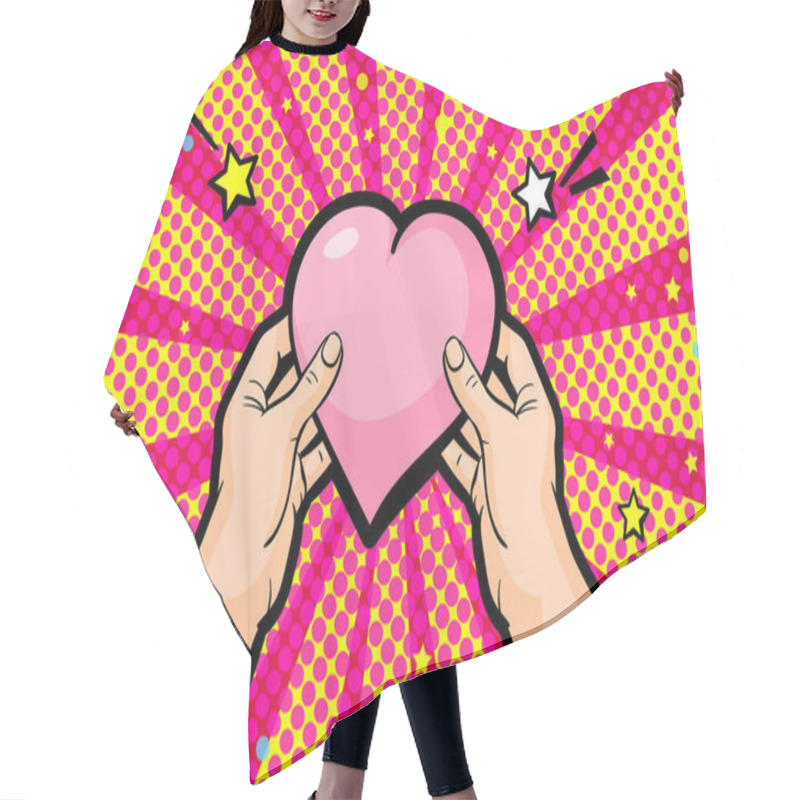 Personality  Concept Of Charity And Donation. Give And Share Your Love To People. Hands Holding A Heart Symbol. Vector Illustration In Pop Art Style. Hair Cutting Cape