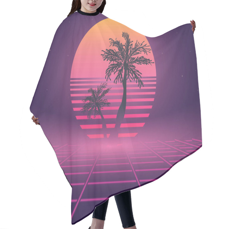 Personality   80s Retro Wave Neon Landscape With Palm Trees. Vector Image Hair Cutting Cape