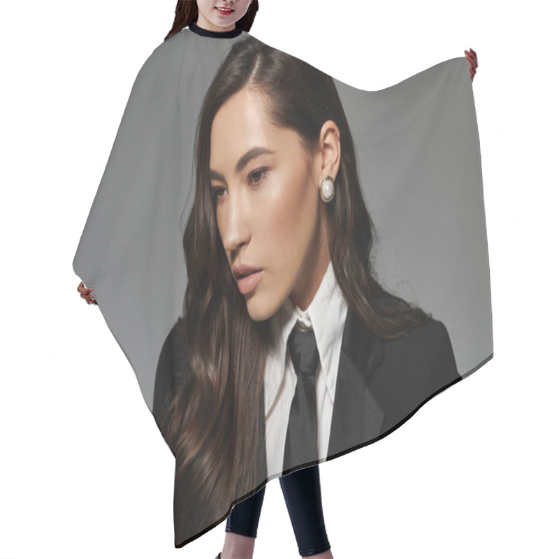 Personality  Fashionable Young Woman Showcasing Her Long Brown Hair And Stylish Outfit In A Contemporary Studio. Hair Cutting Cape