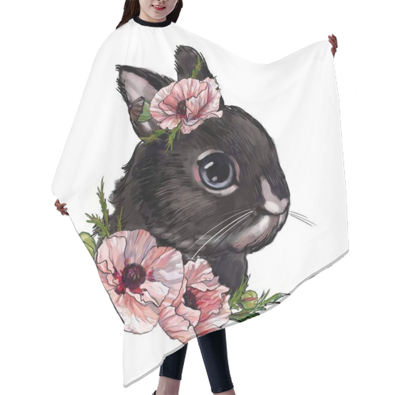 Personality  Rabbit With Pink Poppy Flowers, Cute Children's Illustration, Best T-shirt Print, Animal Print With Peonies. Rabbit On A White Background Hair Cutting Cape