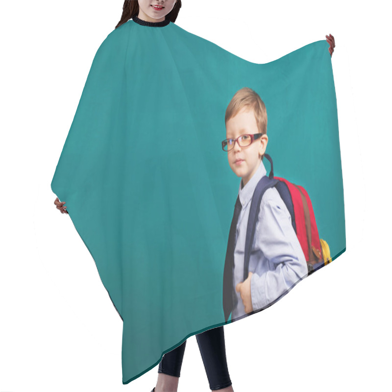 Personality  Cheerful Smiling Little Kid With Big Backpack Hair Cutting Cape