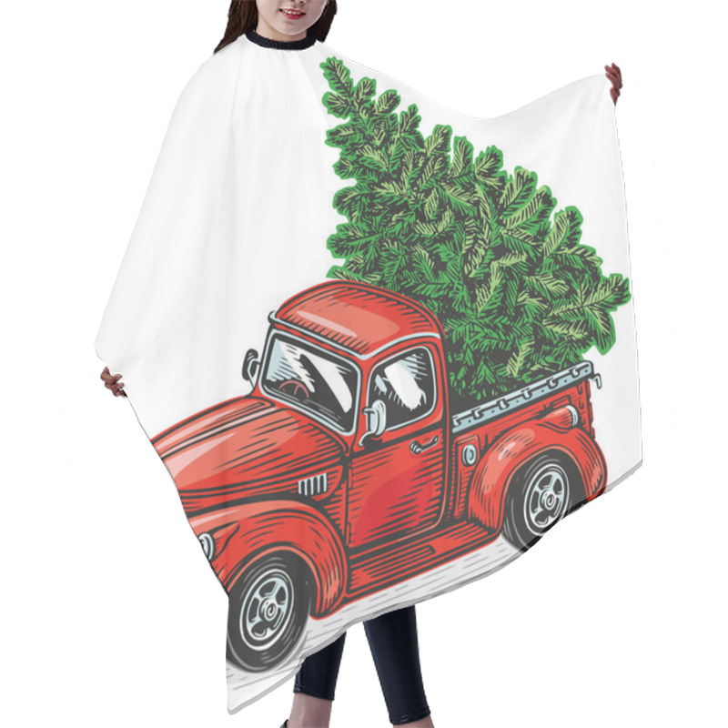 Personality  Christmas Red Retro Pick-up Truck With Green Pine Tree. Happy Holidays Vector Illustration Hair Cutting Cape