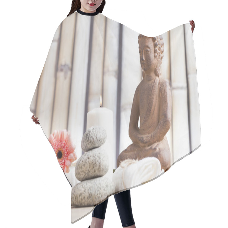 Personality  Wellness And Spa Concept With Buddha Figure Hair Cutting Cape