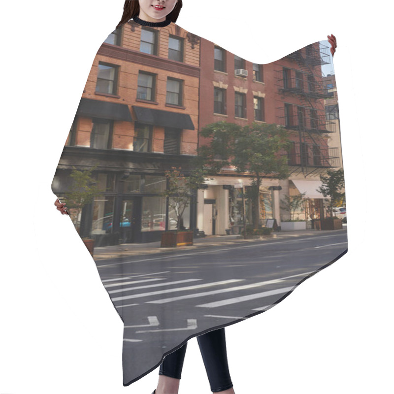 Personality  Buildings With Shops Near Fall Trees And Pedestrian Crossing In Shopping District Of New York City Hair Cutting Cape