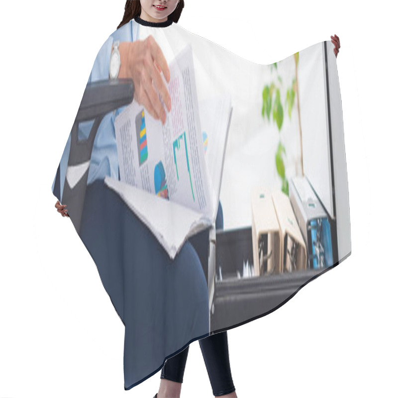 Personality  Cropped View Of Businesswoman Holding Papers With Graphs While Sitting Near Open Cabinet Driver, Panoramic Shot  Hair Cutting Cape