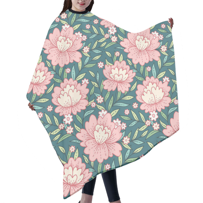 Personality  Provence Style Pattern With Green Leaves And Pink Peonies On Dark Green Background Hair Cutting Cape