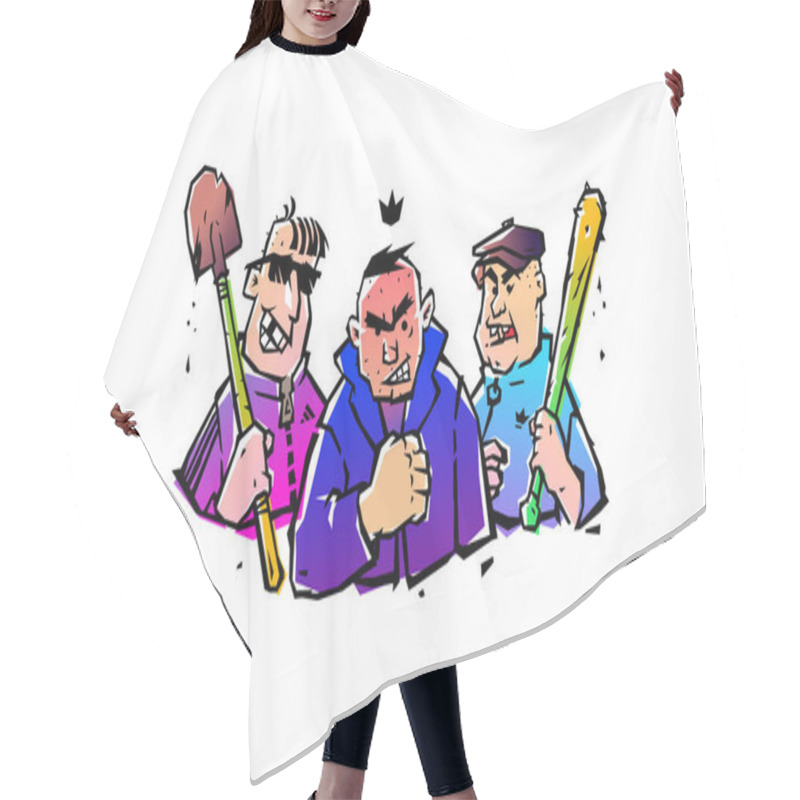 Personality  Illustration Of Three Hooligans With A Bat And A Shovel. Vector. The Illustration Is Isolated On A White Background. Russian Courtyard Punks. Bandits And Robbers. Funny Mafia. Sticker, Picture For T-shirt. Mascots. Hair Cutting Cape