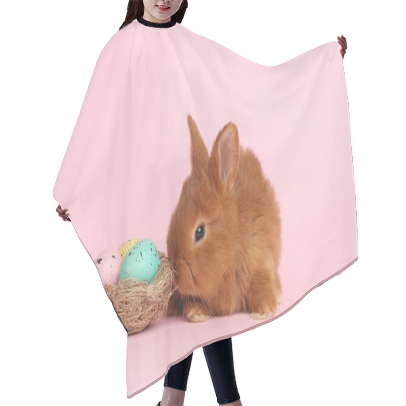 Personality  Adorable Fluffy Bunny And Decorative Nest With Easter Eggs On Pink Background Hair Cutting Cape