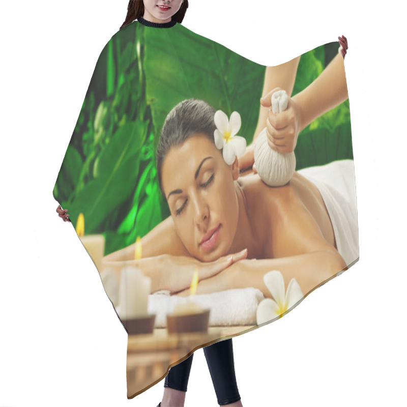 Personality  Portrait Of Young Beautiful Woman In Spa Environment Hair Cutting Cape