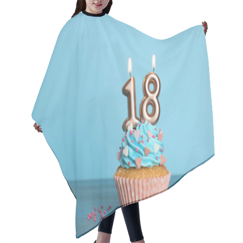 Personality  Coming Of Age Party - 18th Birthday. Delicious Cupcake With Number Shaped Candles On Light Blue Background, Space For Text Hair Cutting Cape