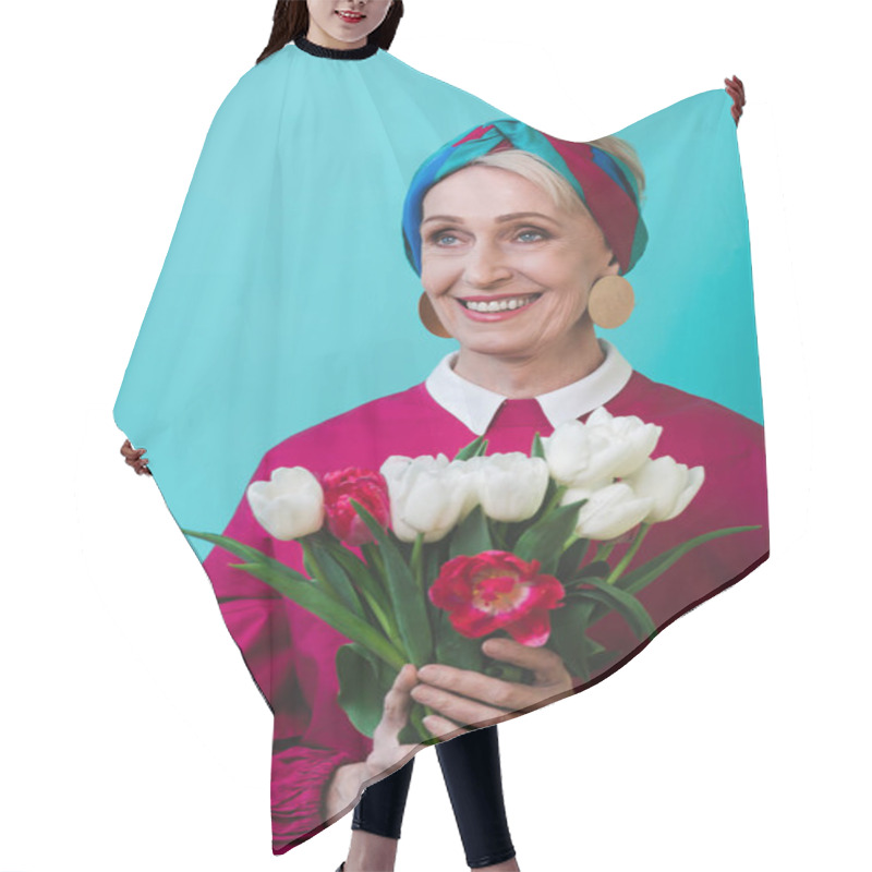 Personality  Attractive Smiling Senior Woman With Bouquet Of Spring Flowers, Isolated On Turquoise Hair Cutting Cape